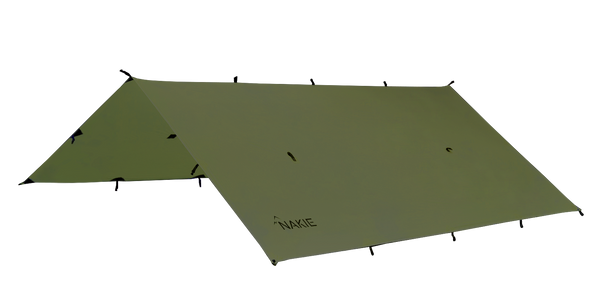 Olive ultralight tarp with black guy-lines and attachment points, displayed flat at angle.