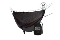 Black camping hammock with integrated brown and navy bug net