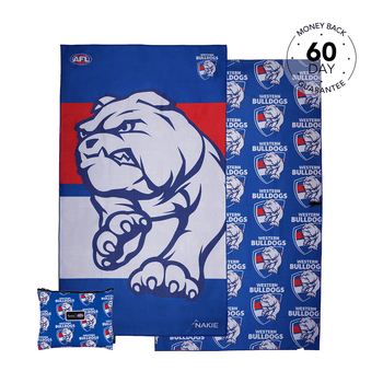 Western Bulldogs blue and red beach towel with large bulldog mascot logo, displayed flat with matching pillowcase and pattern