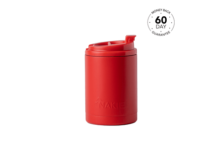 Red insulated coffee cup with flip-top lid and Nakie branding visible on front