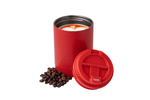 Red insulated coffee cup with matching lid and coffee beans displayed alongside, filled with latte art preview #5