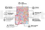 Colorful tie-dye patterned puffy blanket with pink, blue, and yellow swirls, displayed flat and rolled in stuff sack. preview #5