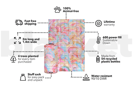 Colorful tie-dye patterned puffy blanket with pink, blue, and yellow swirls, displayed flat and rolled in stuff sack.