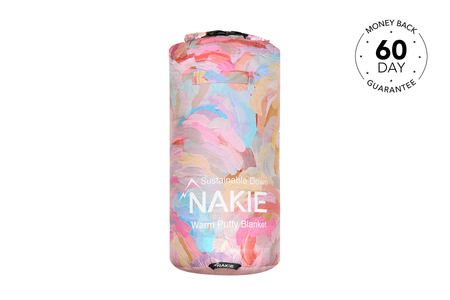 Multicolored abstract puffy blanket with pastel pink, blue, and yellow brushstrokes