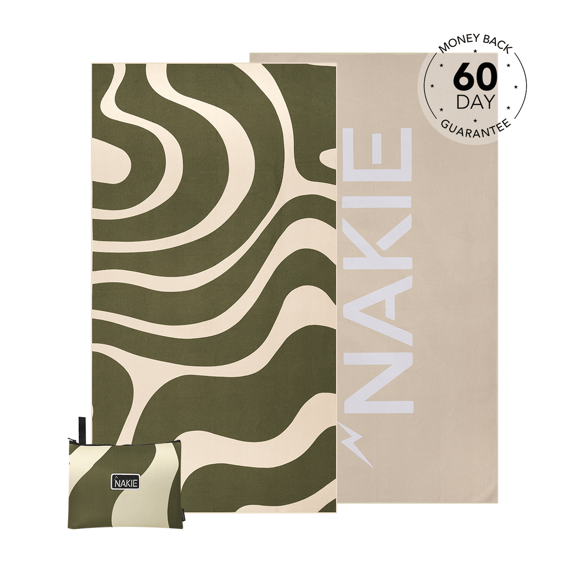 Eucalyptus green and cream wave-patterned recycled beach towel, rolled with matching pouch visible at bottom left.
