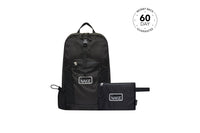 Black foldable 30L backpack with quilted texture, NAKIE branding, front pocket, and matching compact pouch.