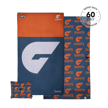 GWS Giants AFL beach towel in navy and orange with logo, includes small carry pouch and money-back guarantee badge