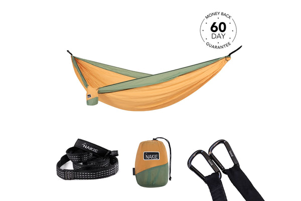 Golden Mango and sage green recycled nylon hammock with straps, carabiners, and storage bag included