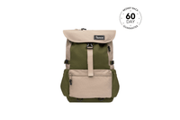 Olive green and beige recycled travel backpack with flap top, front zip pocket, and side straps, front view.