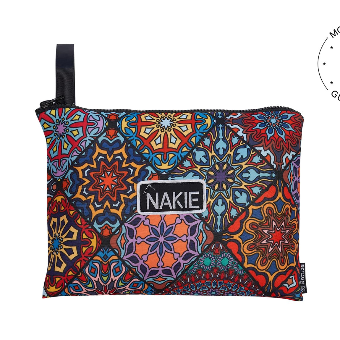 Nakie beach towel with vibrant multicoloured mandala pattern, black handle strap, sand-free recycled design.