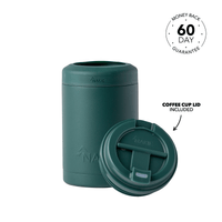 Jungle green insulated coffee cup with matching slide-lock lid, front view
