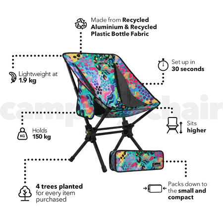Kasey Rainbow Camping Chair features: 1.9 kg, holds 150 kg, sets up in 30 seconds