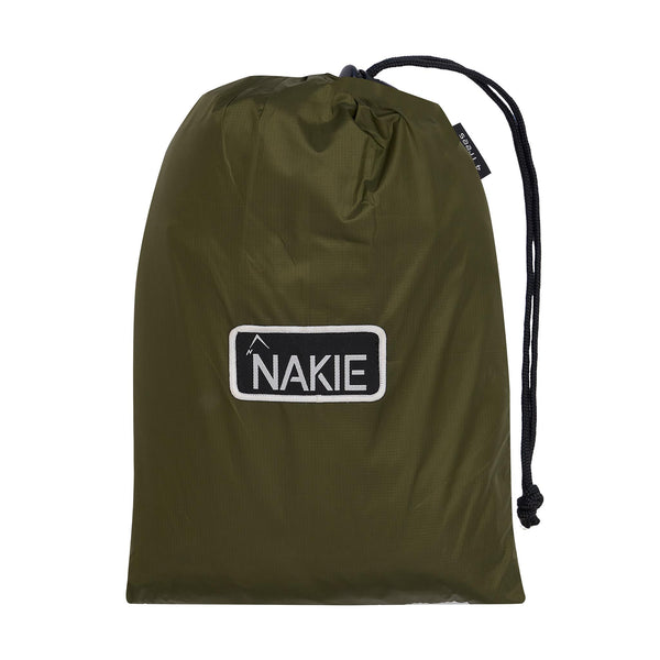 Olive drawstring stuff sack with black cord and NAKIE logo patch
