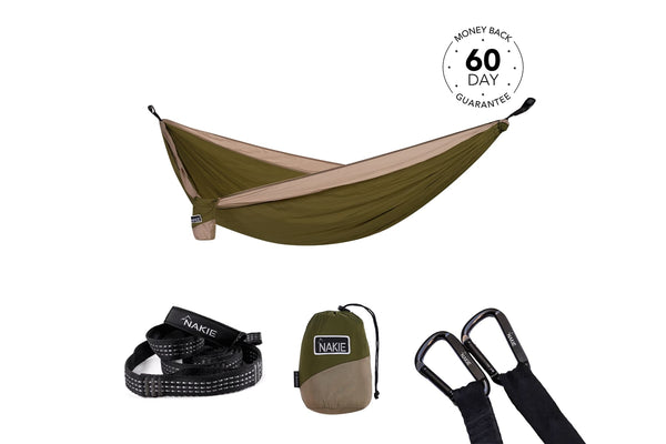Olive green and tan recycled nylon camping hammock with black straps and carabiners, shown with included accessories