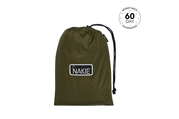 Olive ultralight tarp stuff sack with black drawstring and embroidered NAKIE logo, front view.