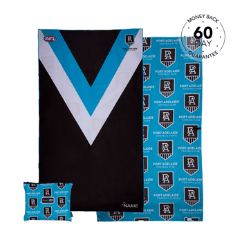 Port Adelaide Power AFL beach towel with black body, blue and white V-stripe, displayed with matching pillow and packaging fe
