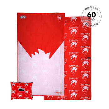 Sydney Swans red and white beach towel with swan logo, displayed flat with matching small pillow, includes 60-day money back 